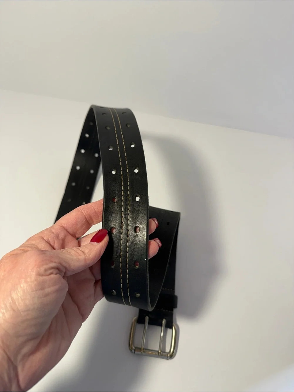 Rugged Black Leather Double Prong Stitch Detail Belt Retro Style Size 34